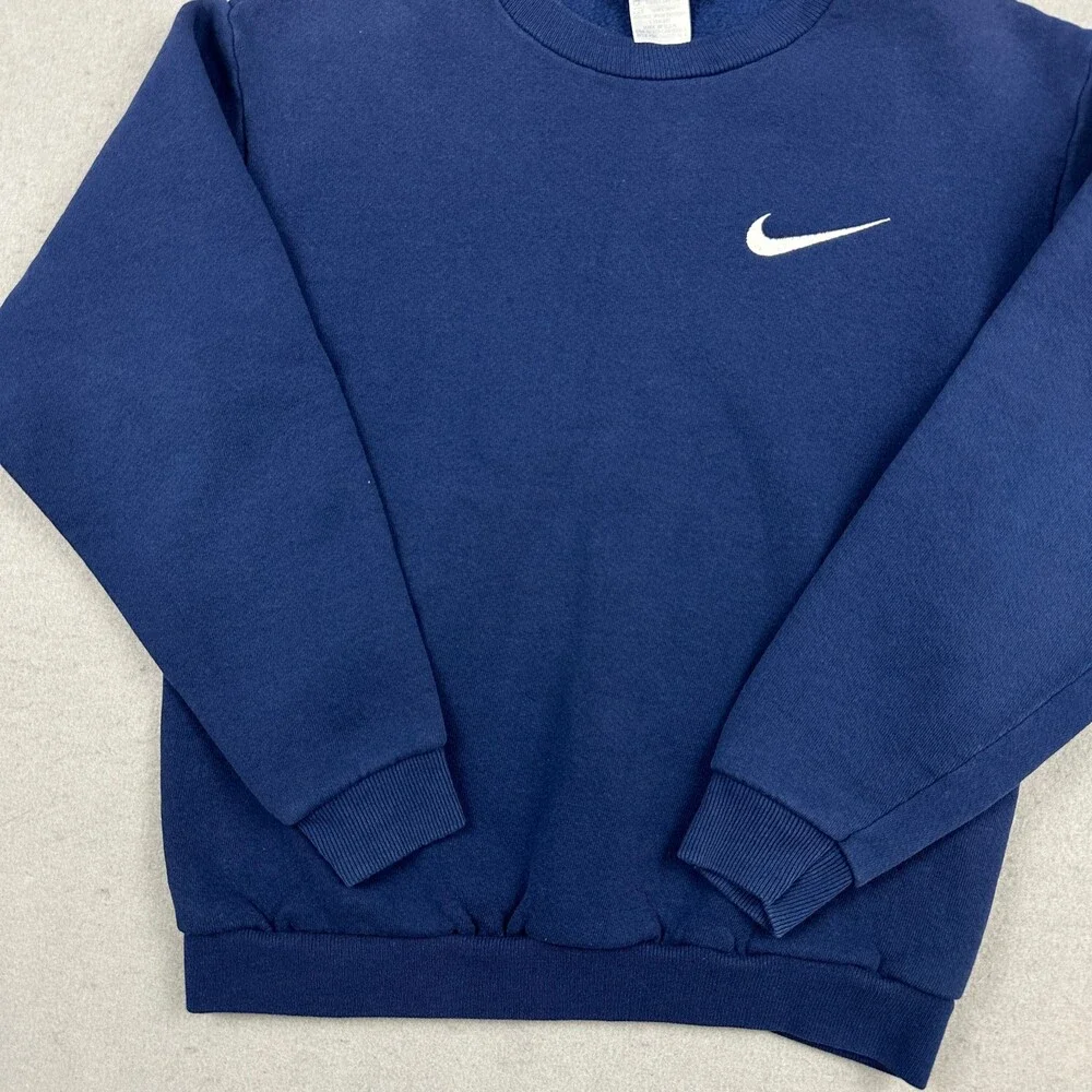 Vintage Nike Sweatshirt Boys Large Blue Solid Pullover Baby Swoosh Crewneck 90s